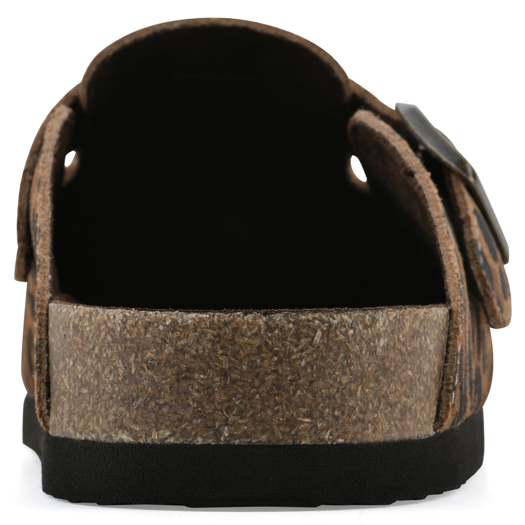 Rear view of a brown leopard suede clog with a metal buckle on an adjustable strap, and a brown sole with black bottom