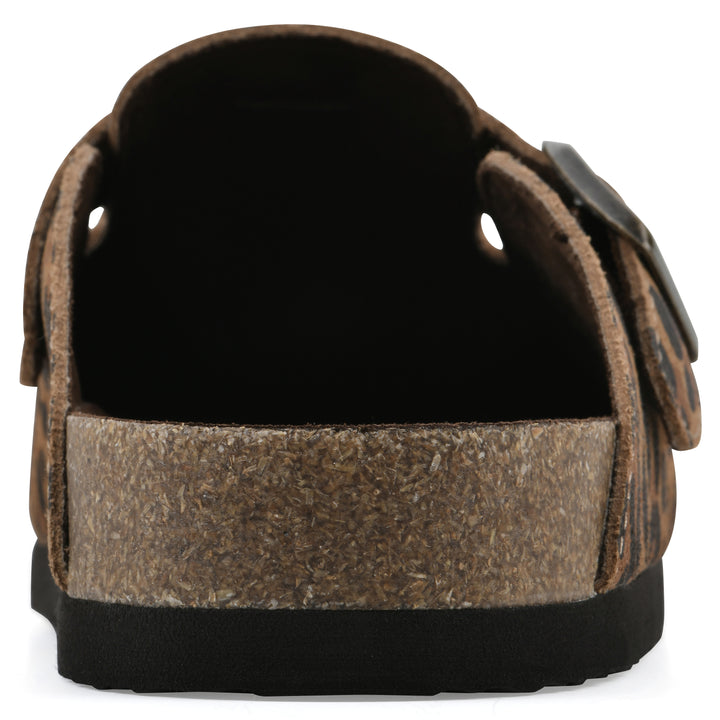 Rear view of a brown leopard suede clog with a metal buckle on an adjustable strap, and a brown sole with black bottom