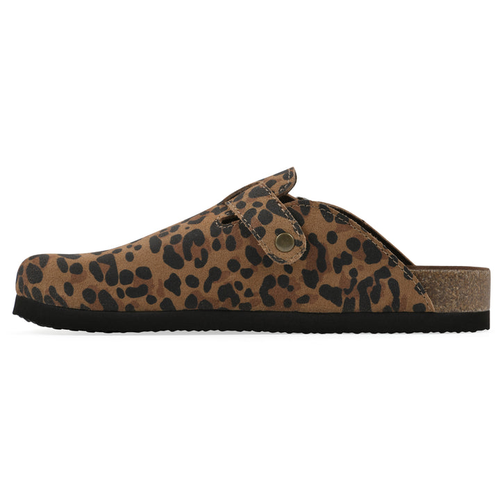 Side view of a brown leopard suede clog with a metal buckle on an adjustable strap, and a brown sole with black bottom
