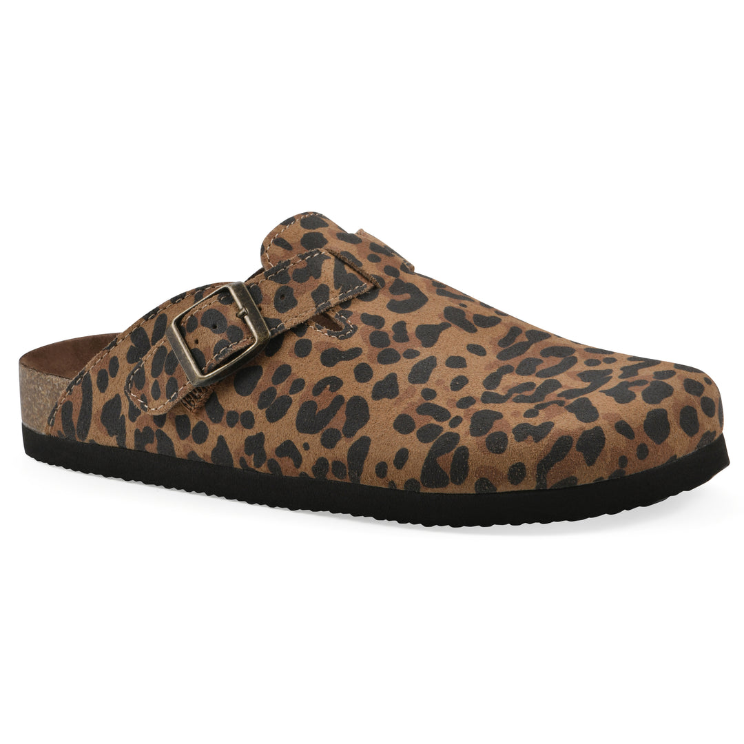 Angle view of a brown leopard suede clog with a metal buckle on an adjustable strap, and a brown sole with black bottom