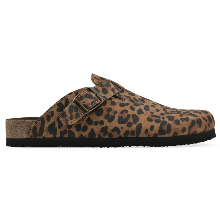 Side view of a brown leopard suede clog with a metal buckle on an adjustable strap, and a brown sole with black bottom