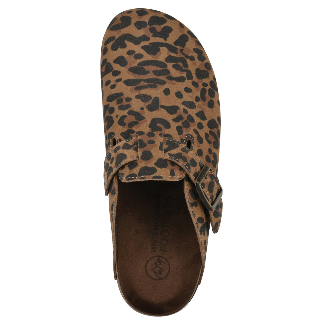 Top view of a brown leopard suede clog with a metal buckle on an adjustable strap, and a brown sole with black bottom