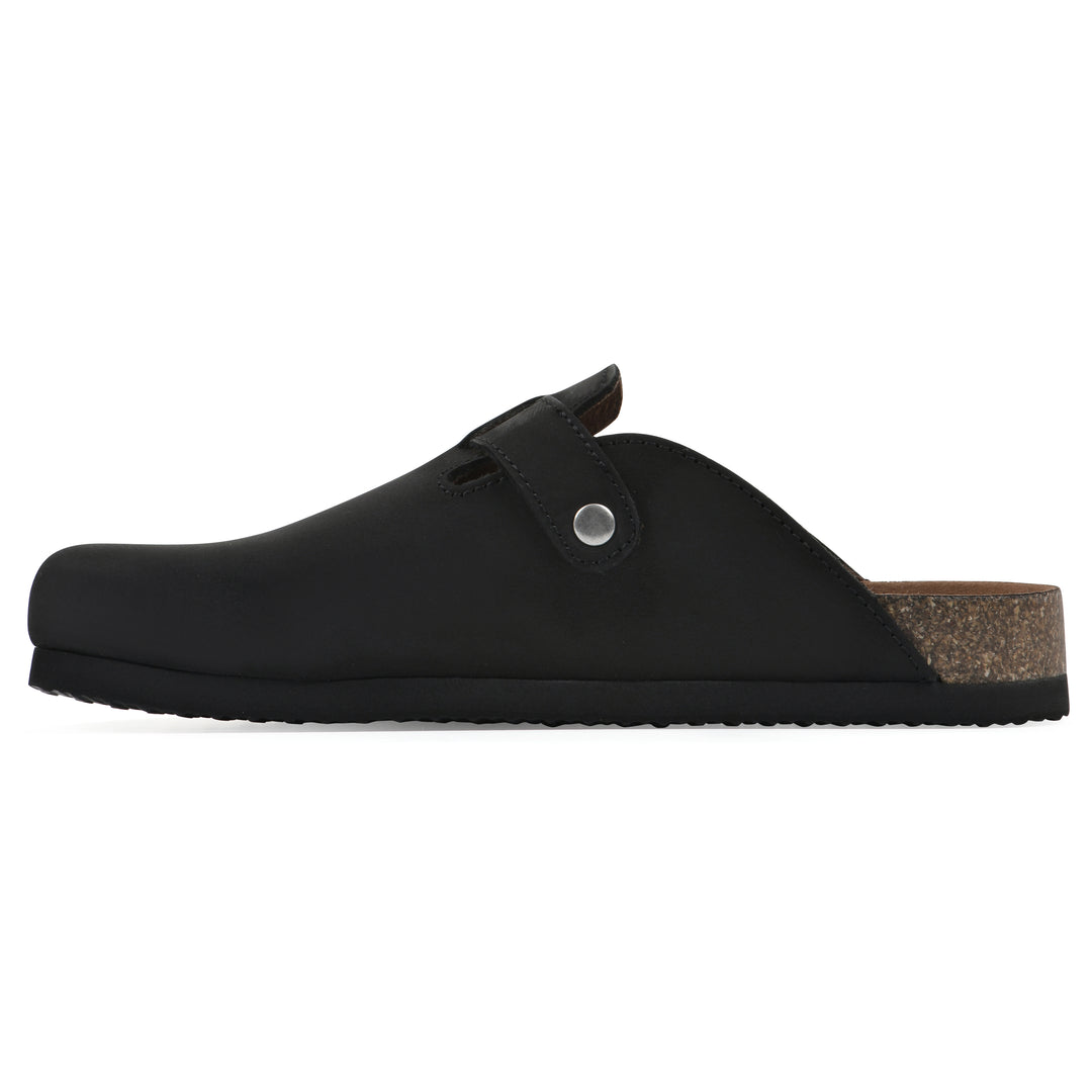 Side view of a black leather clog with metal buckle on an adjustable strap, and a brown sole with black bottom