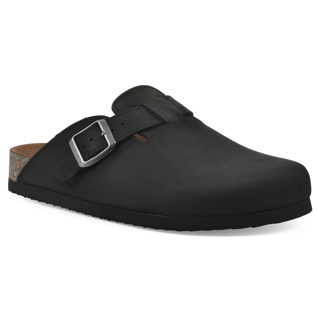 Angle view of a black leather clog with metal buckle on an adjustable strap, and a brown sole with black bottom