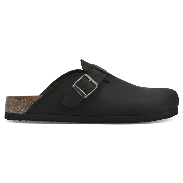Side view of a black leather clog with metal buckle on an adjustable strap, and a brown sole with black bottom