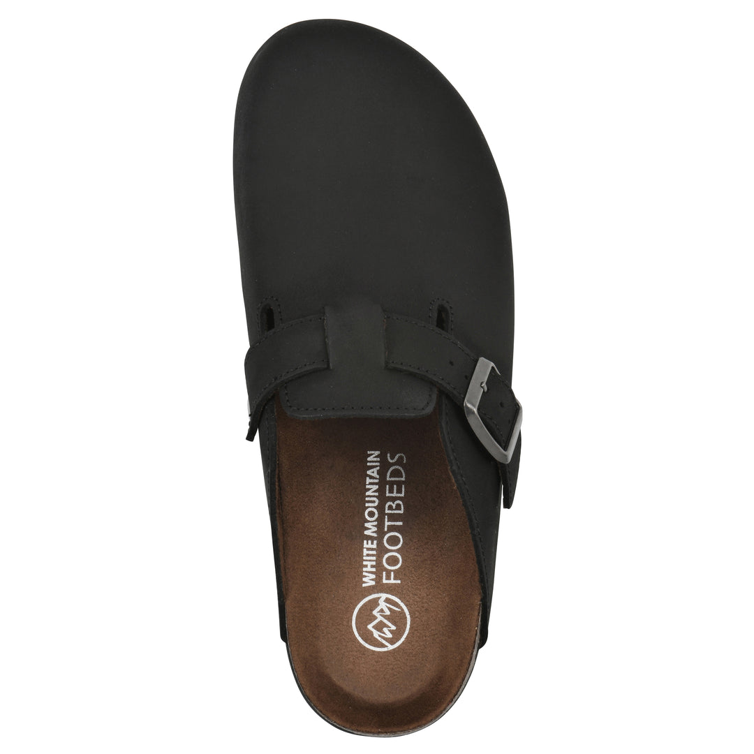 Top view of a black leather clog with metal buckle on an adjustable strap, and a brown sole with black bottom