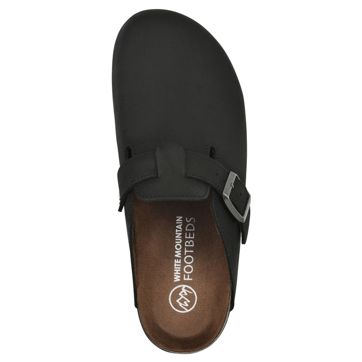 Top view of a black leather clog with metal buckle on an adjustable strap, and a brown sole with black bottom