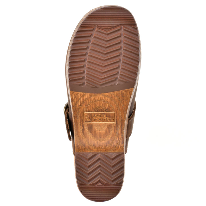 Sole view of a backless brown leather clog with adjustable buckle and wood style heel