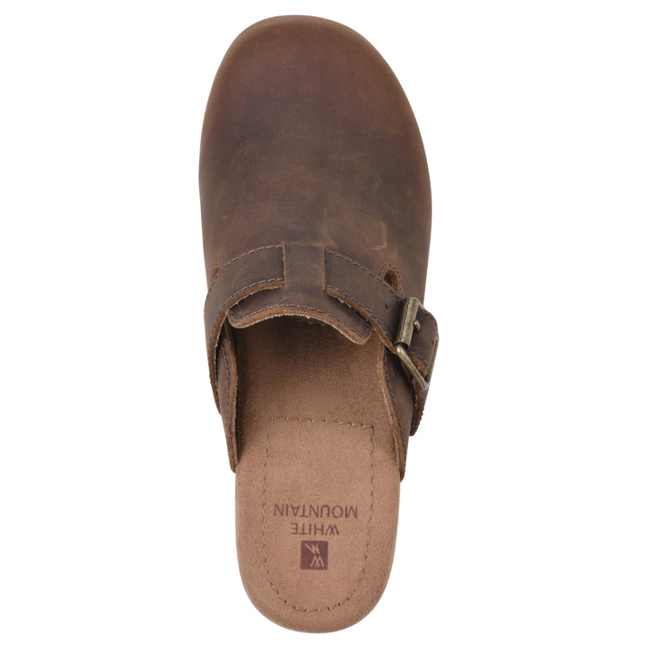Top view of a backless brown leather clog with adjustable buckle and wood style heel