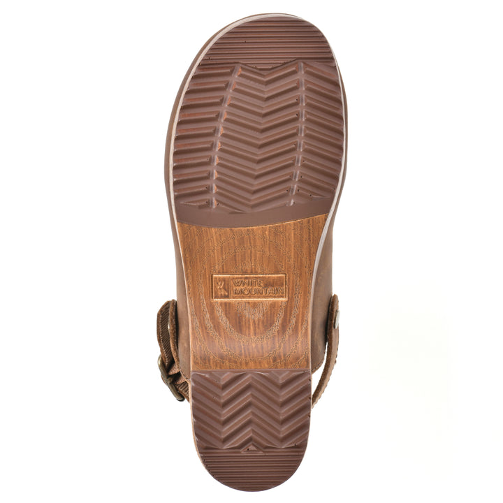 Sole view of a backless brown leather clog with adjustable back strap and wood style heel