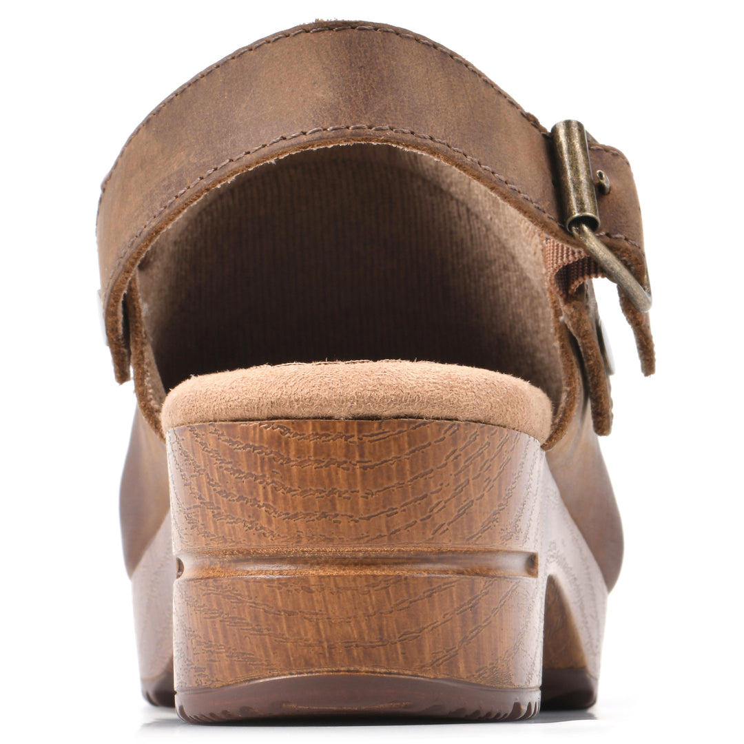 Rear view of a backless brown leather clog with adjustable back strap and wood style heel