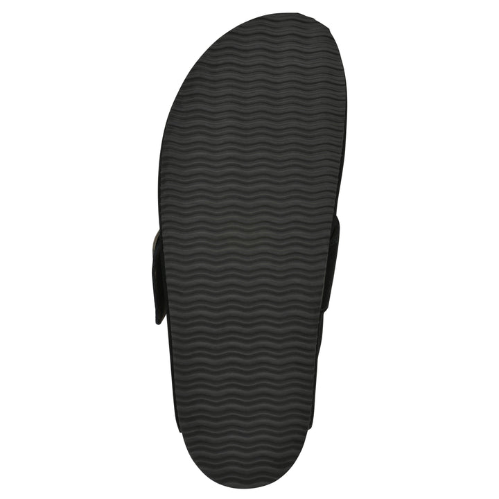 Sole view of a black suede backless clog with large adjustable buckle and a black sole