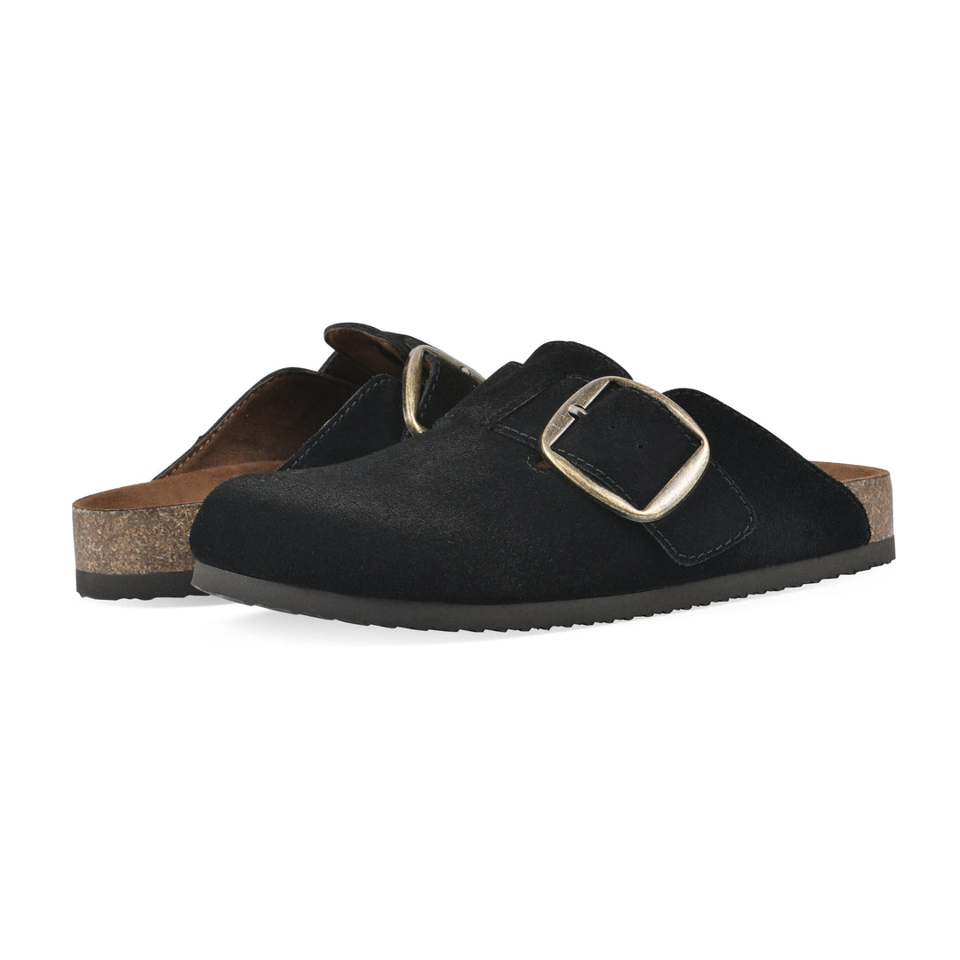Angle view of a pair of black suede backless clogs with large adjustable buckle and a black sole