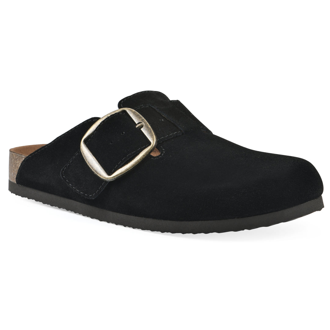 Angle view of a black suede backless clog with large adjustable buckle and a black sole