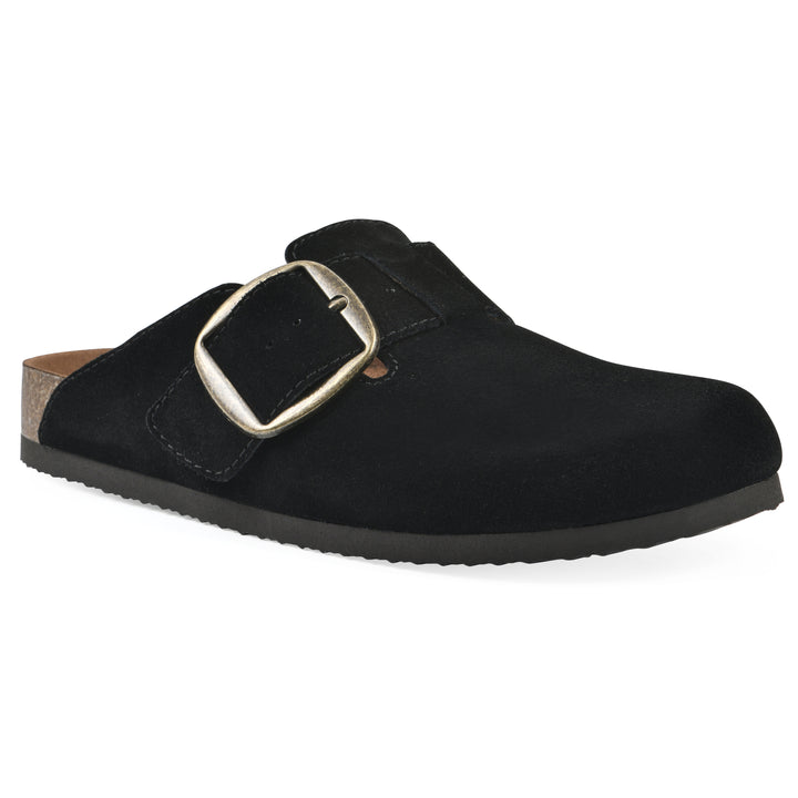 Angle view of a black suede backless clog with large adjustable buckle and a black sole
