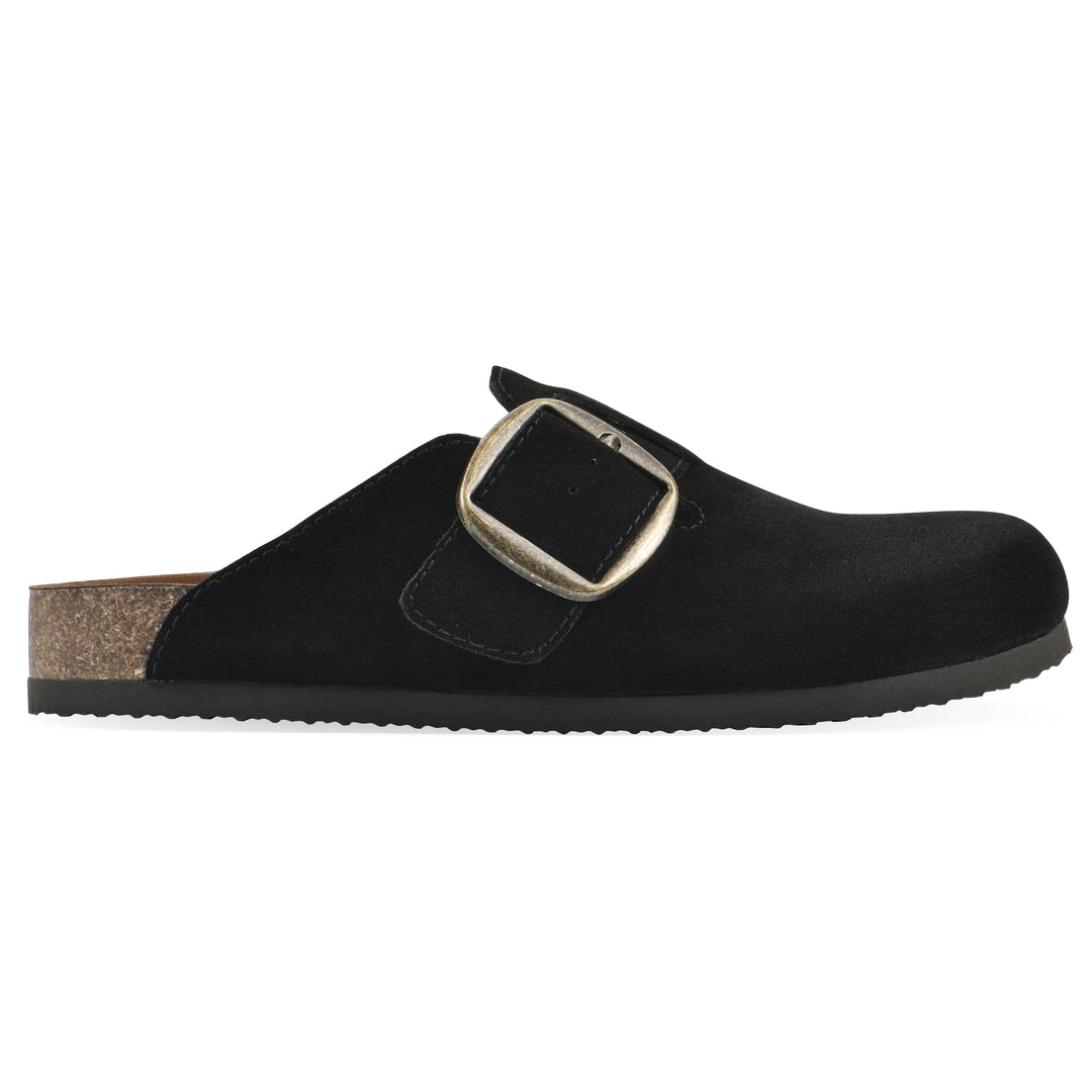 Side view of a black suede backless clog with large adjustable buckle and a black sole
