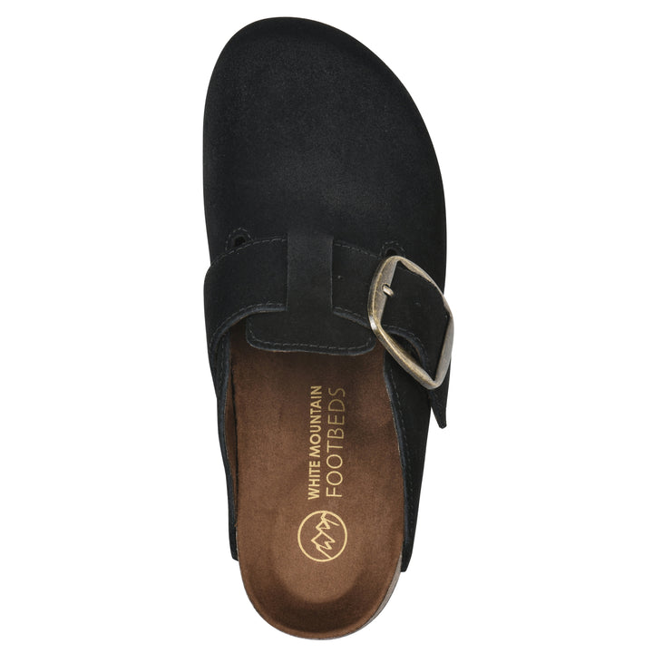 Top view of a black suede backless clog with large adjustable buckle and a black sole