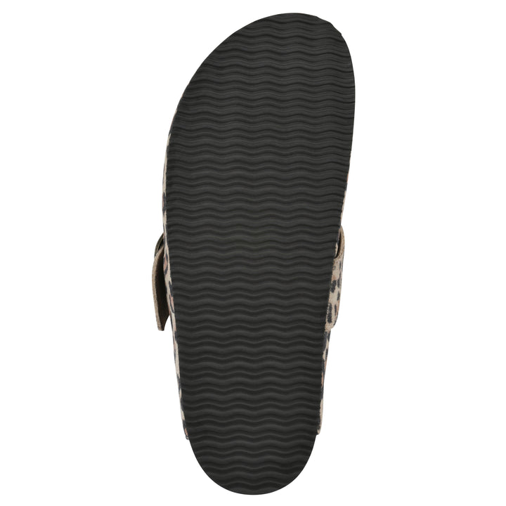 Sole view of a leopard-print backless clog with large adjustable buckle and a black sole