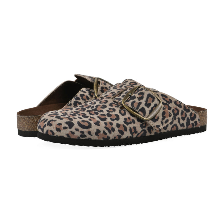 Angle view of a pair of leopard-print backless clogs with large adjustable buckle and a black sole