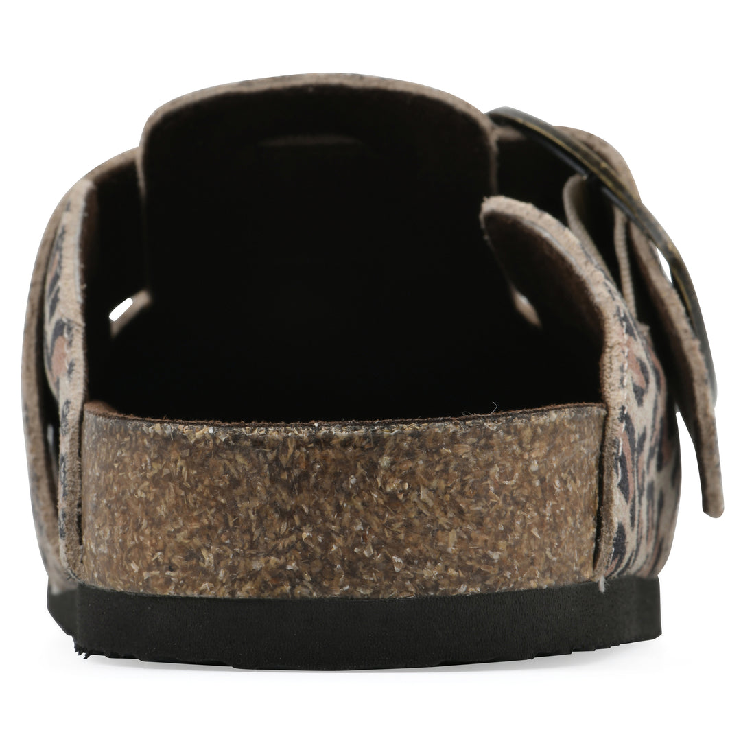 Rear view of a leopard-print backless clog with large adjustable buckle and a black sole