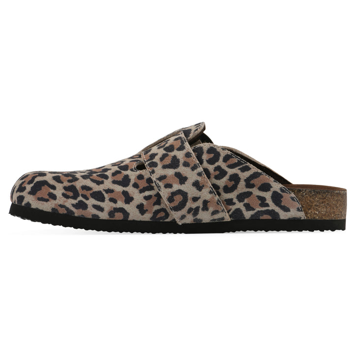 Side view of a leopard-print backless clog with large adjustable buckle and a black sole