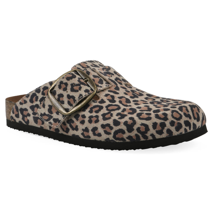 Angle view of a leopard-print backless clog with large adjustable buckle and a black sole