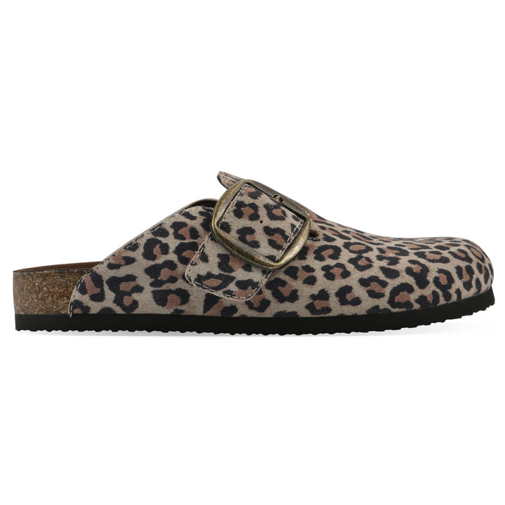 Side view of a leopard-print backless clog with large adjustable buckle and a black sole