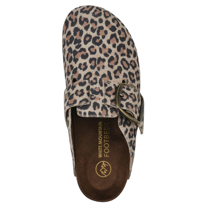 Top view of a leopard-print backless clog with large adjustable buckle and a black sole