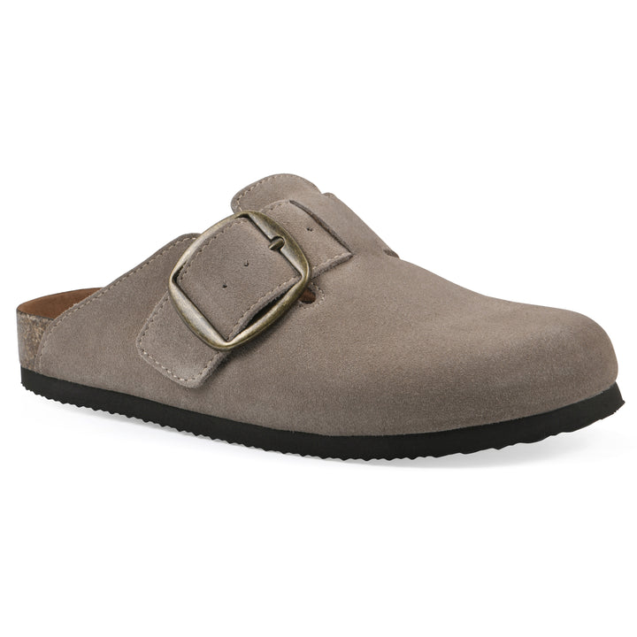 Angle view of a taupe suede backless clog with large adjustable buckle and a black sole