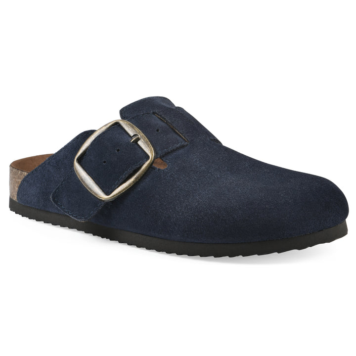 Angle view of a navy suede backless clog with large adjustable buckle and a black sole