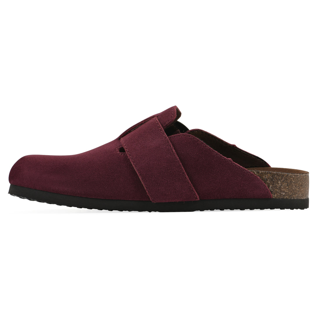 Side view of a burgundy suede backless clog with large adjustable buckle and a black sole