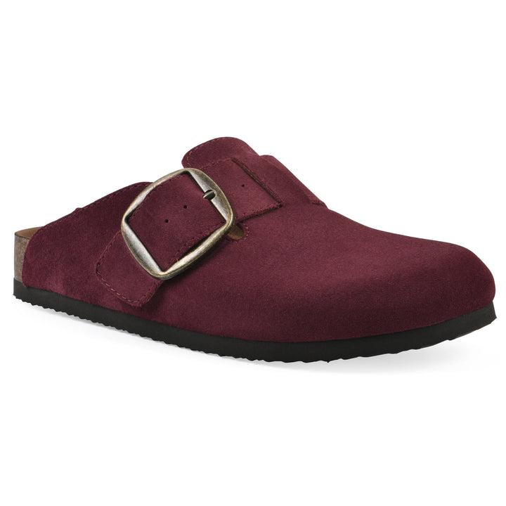 Angle view of a burgundy suede backless clog with large adjustable buckle and a black sole