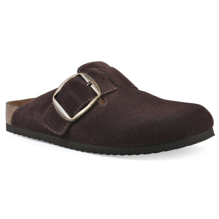 Angle view of a brown suede backless clog with large adjustable buckle and a black sole