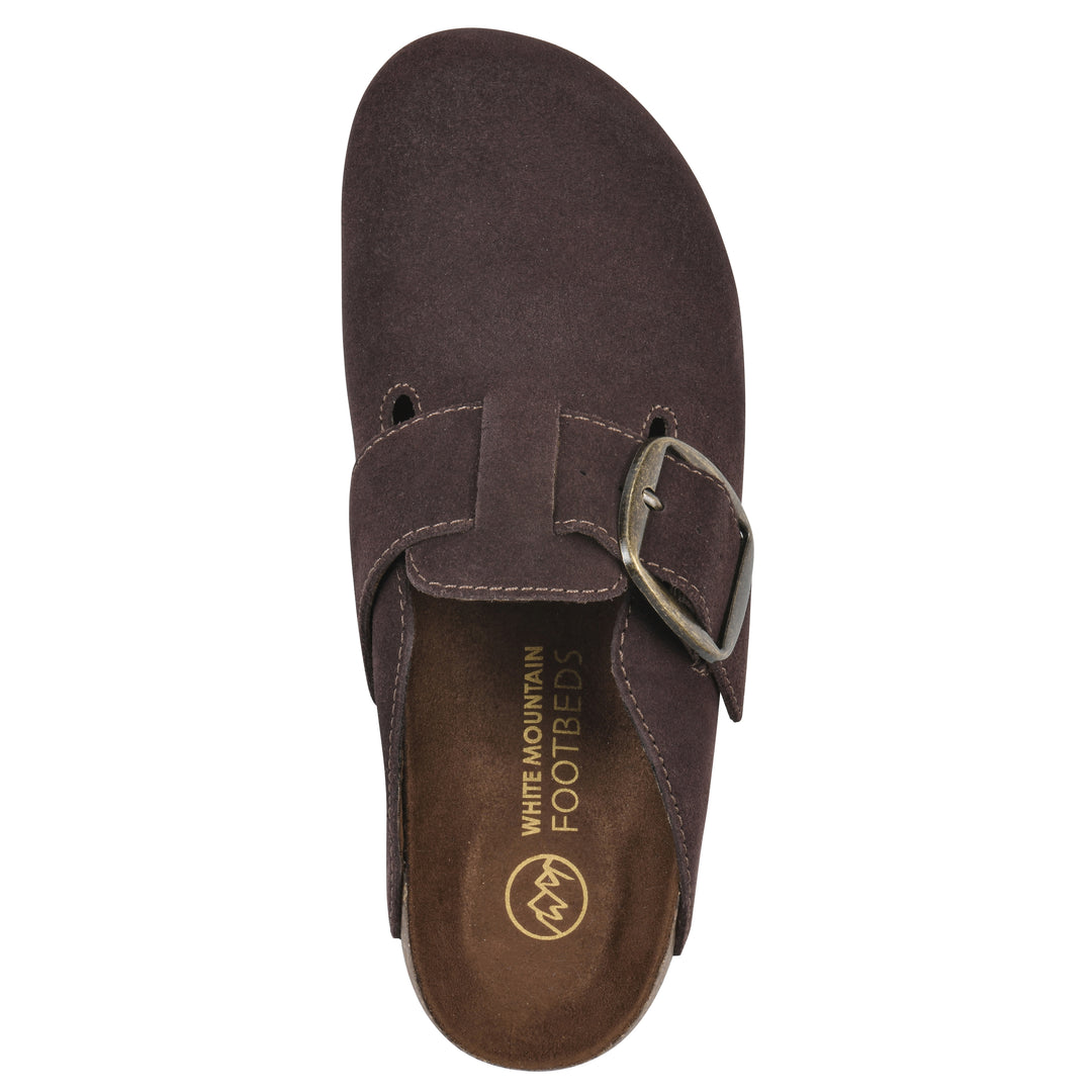 Top view of a brown suede backless clog with large adjustable buckle and a black sole