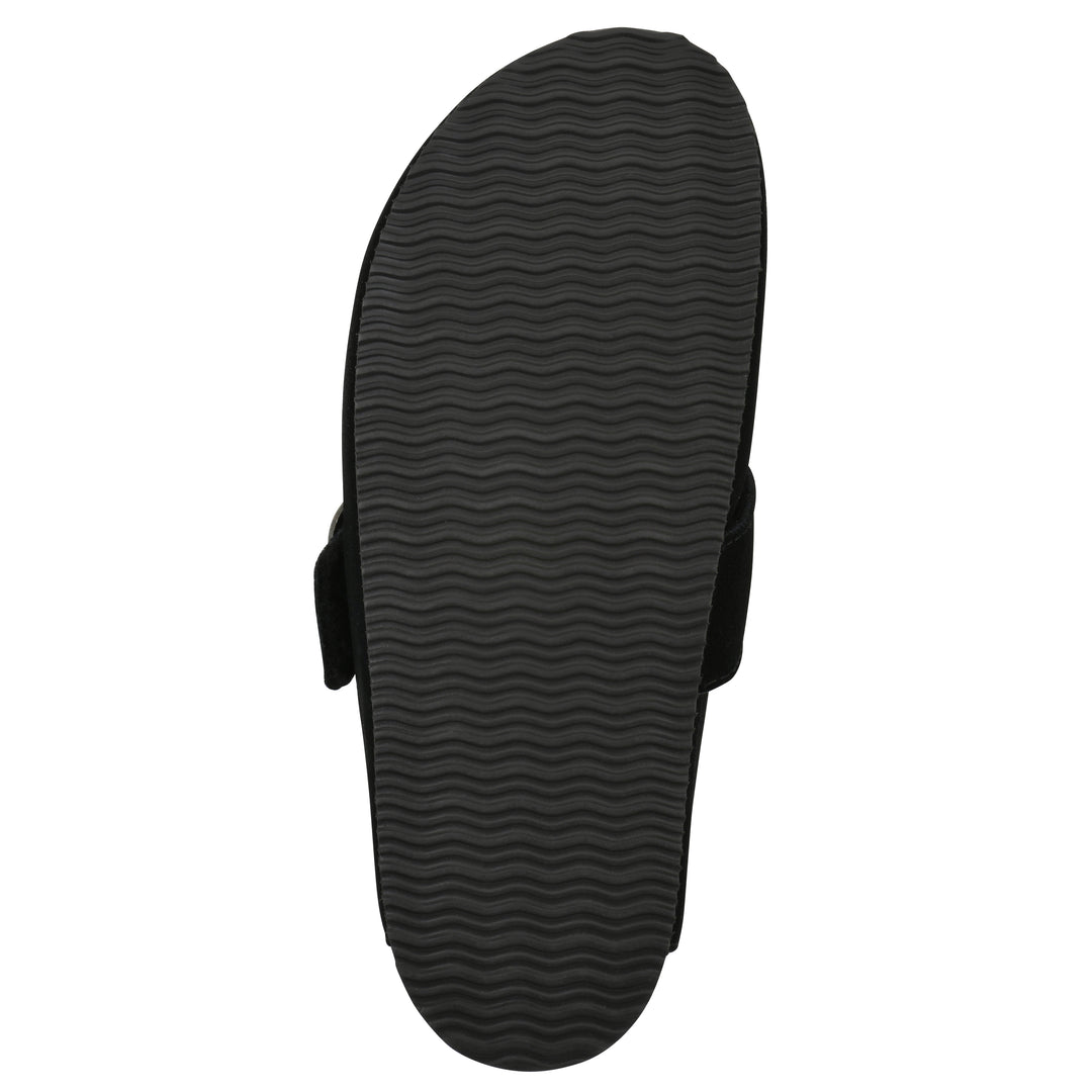 Sole view of a black suede backless clog with large adjustable buckle and a black sole