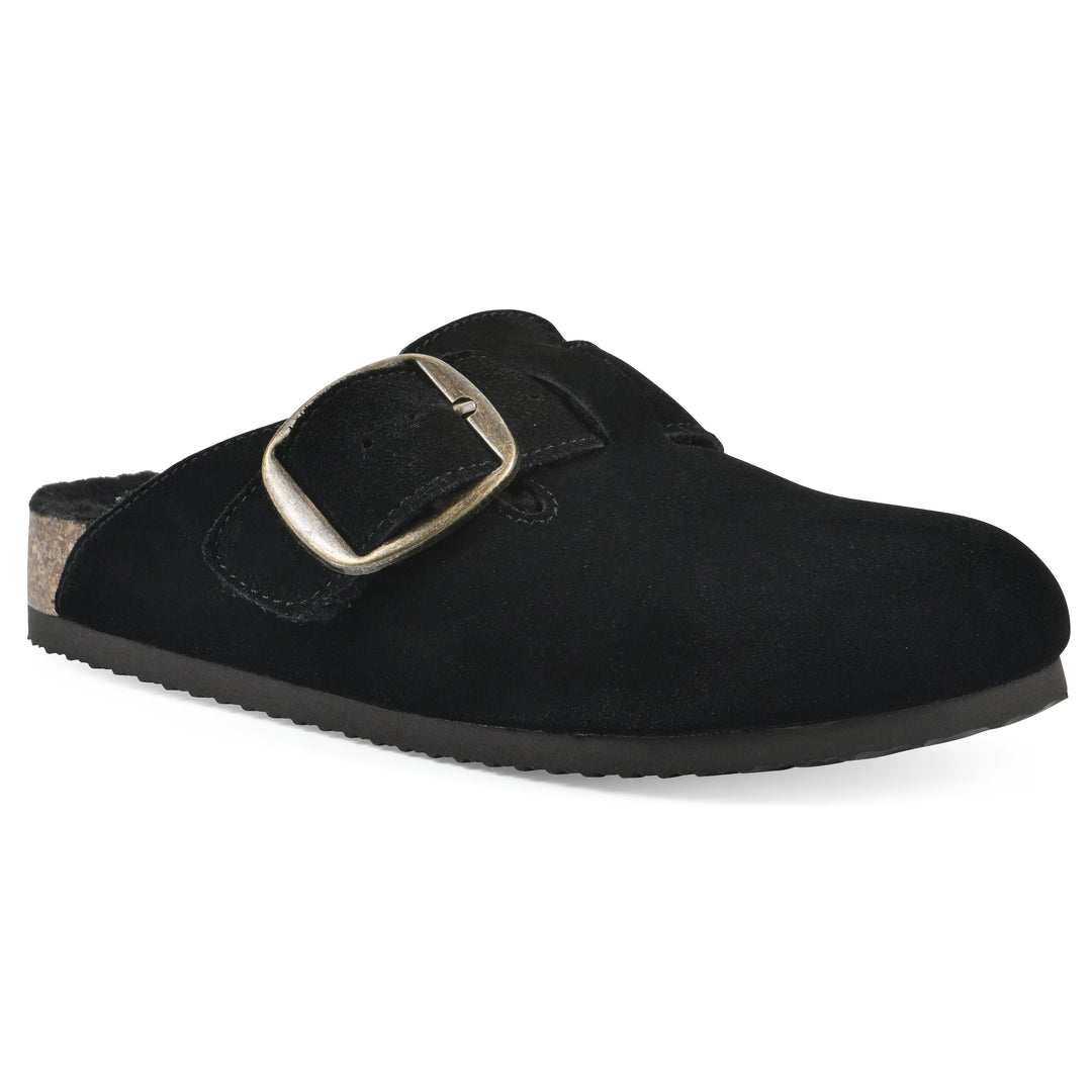 Angle view of a black suede backless clog with large adjustable buckle and a black sole