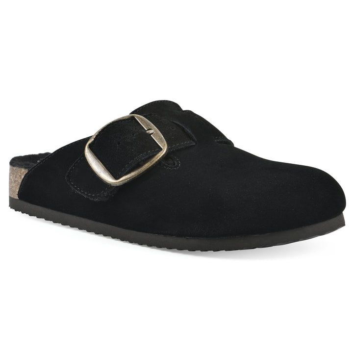 Angle view of a black suede backless clog with large adjustable buckle and a black sole