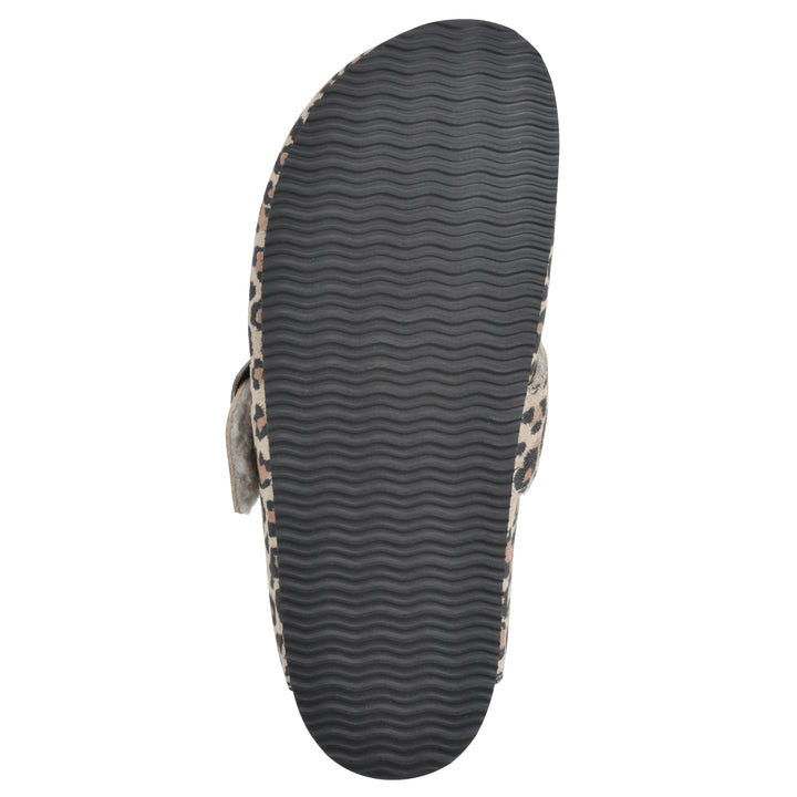 Sole view of a leopard print suede backless clog with cream, faux fur lining, a large adjustable buckle, and a black sole
