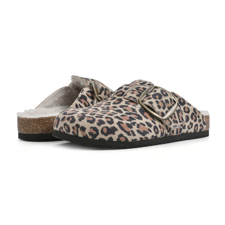 Angle view of a pair of leopard print suede backless clogs with cream, faux fur lining, a large adjustable buckle, and a black sole