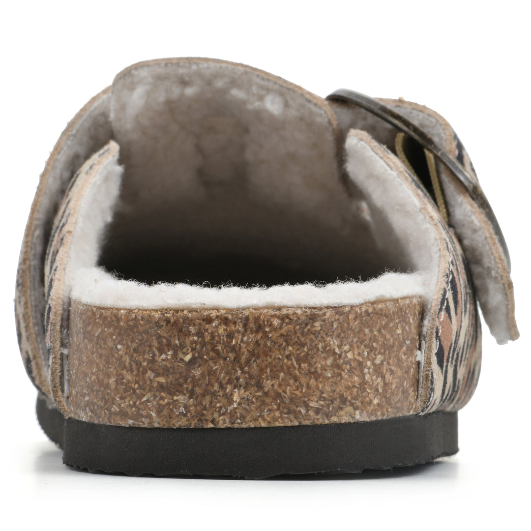 Rear view of a leopard print suede backless clog with cream, faux fur lining, a large adjustable buckle, and a black sole