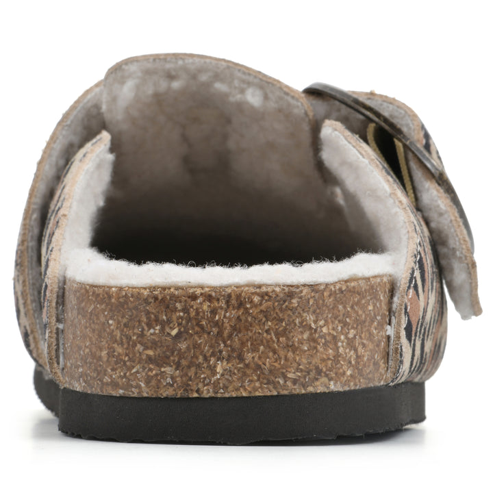 Rear view of a leopard print suede backless clog with cream, faux fur lining, a large adjustable buckle, and a black sole