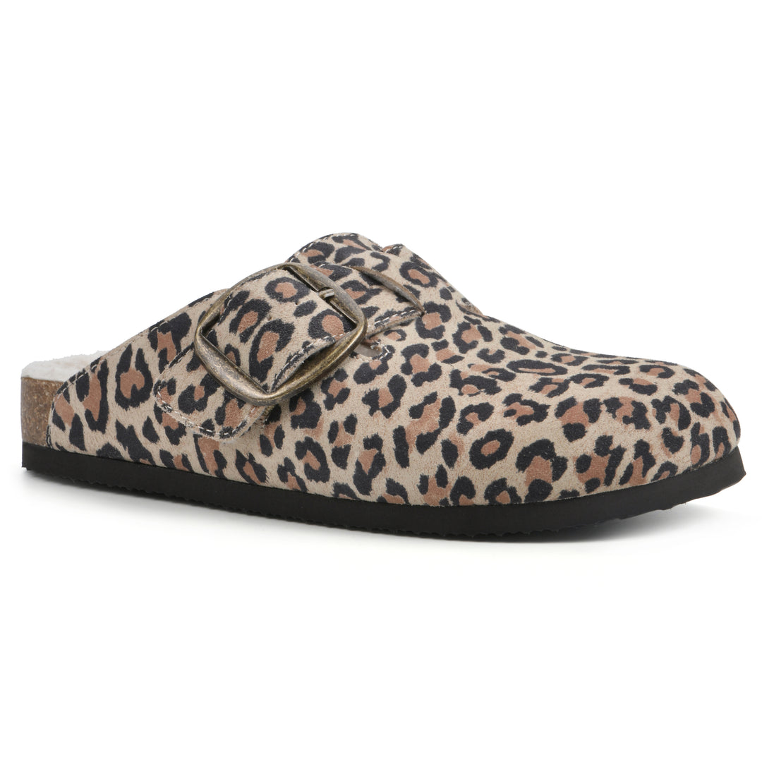 Angle view of a leopard print suede backless clog with cream, faux fur lining, a large adjustable buckle, and a black sole