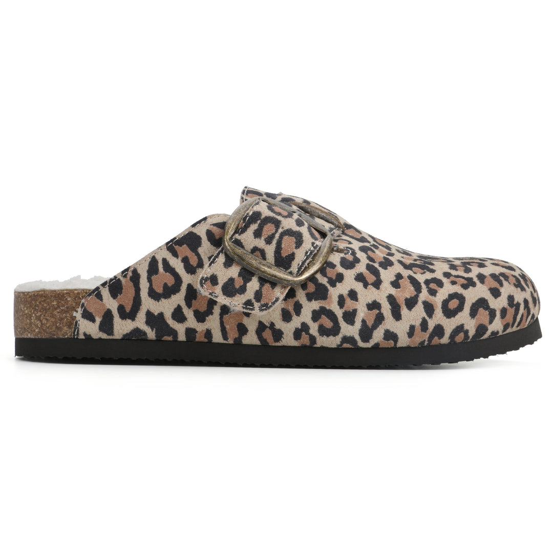 Side view of a leopard print suede backless clog with cream, faux fur lining, a large adjustable buckle, and a black sole