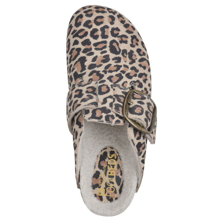 Top view of a leopard print suede backless clog with cream, faux fur lining, a large adjustable buckle, and a black sole