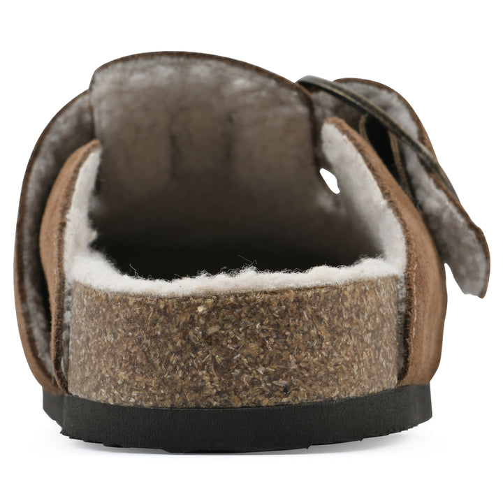 Rear view of a chestnut suede backless clog with cream, faux fur lining, a large adjustable buckle, and a black sole