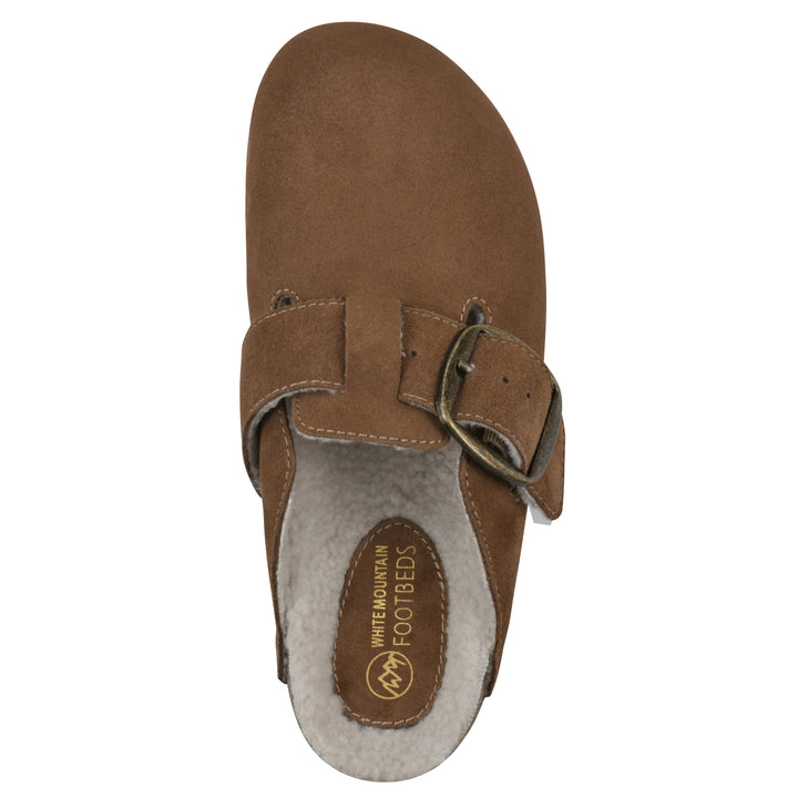 Top view of a chestnut suede backless clog with cream, faux fur lining, a large adjustable buckle, and a black sole