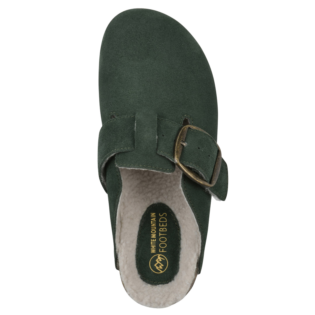 Top view of a hunter green suede backless clog with cream, faux fur lining, a large adjustable buckle, and a black sole
