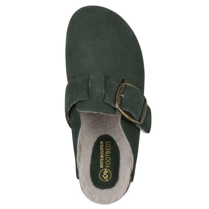 Top view of a hunter green suede backless clog with cream, faux fur lining, a large adjustable buckle, and a black sole