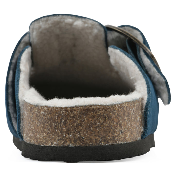 Rear view of a leopard print suede backless clog with cream, faux fur lining, a large adjustable buckle, and a black sole