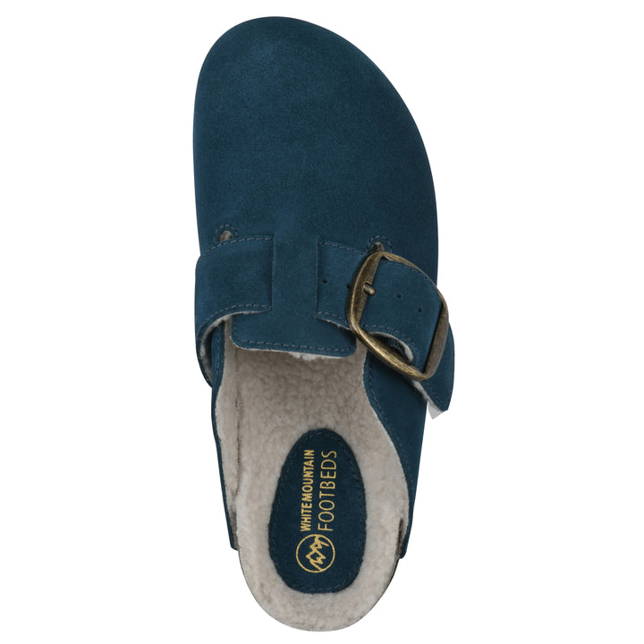 Top view of a leopard print suede backless clog with cream, faux fur lining, a large adjustable buckle, and a black sole